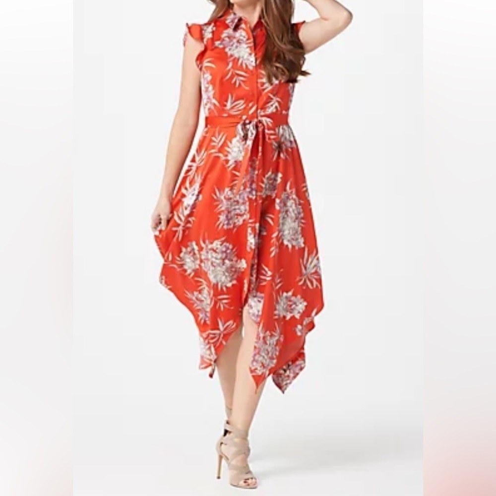 G.I.L.I. Printed Woven Button-Front Asymmetric-Hem Dress-Red Floral Size 2